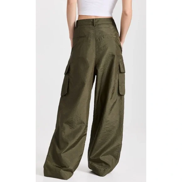 Tibi Stella Crispy Nylon Pleated Cargo Pant (Sz 12 Hemmed) Wide Leg Army Green - Picture 2 of 16